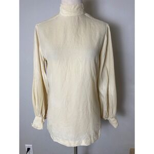 Vintage 40's/50's High Neck Blouse Cream Bishop Sleeve Button Back Top Basic S
